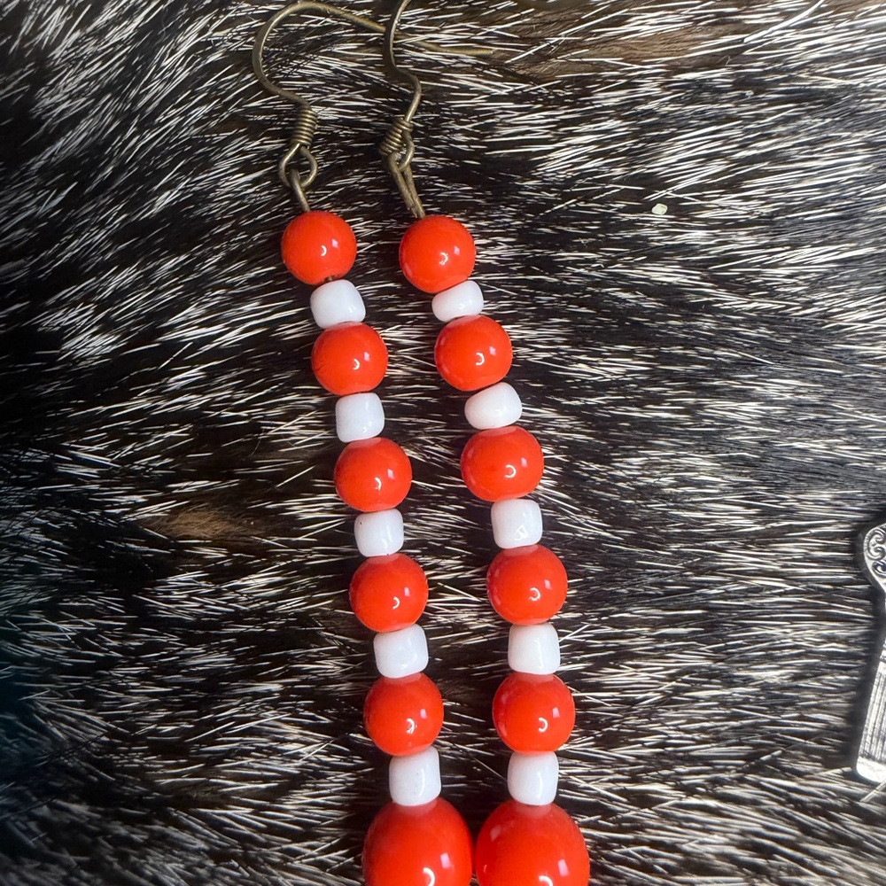 Red and White Beaded Earrings